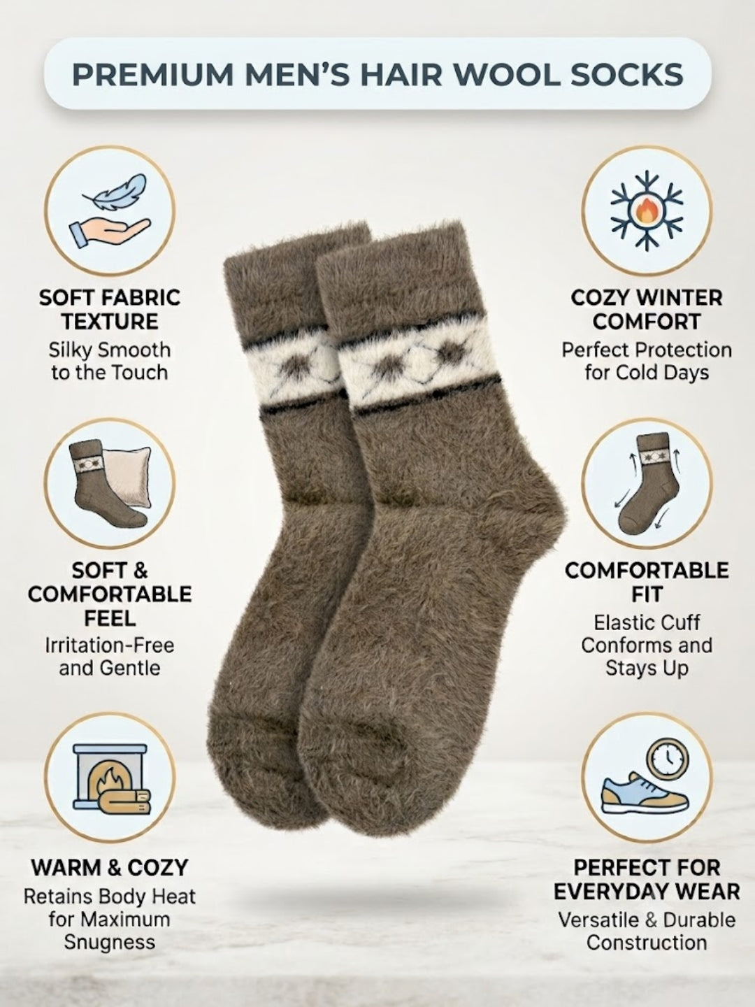 Cdeck Men’s Premium Hair Wool Winter Socks | Soft, Fuzzy, Warm & Comfortable Free Size | Brown