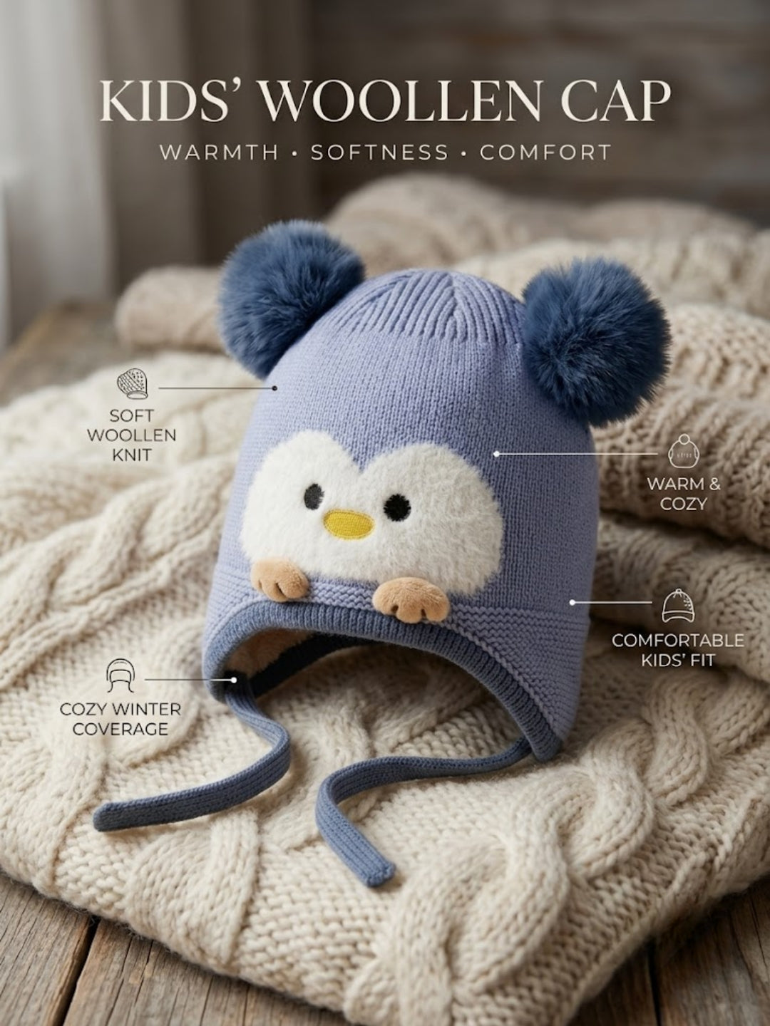 Cdeck Kids Woolen Winter Cap for Boys & Girls | Warm & Comfortable Winter Wear | 2–4 Years |  Blue