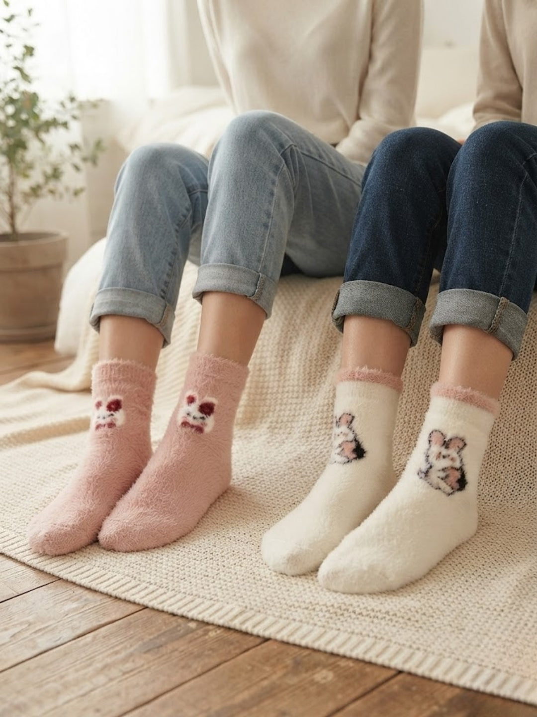 Cdeck Rabbit Hair Wool Socks for Women, 2 Pairs Fuzzy Warm Winter Socks with Cute Rabbit Pattern