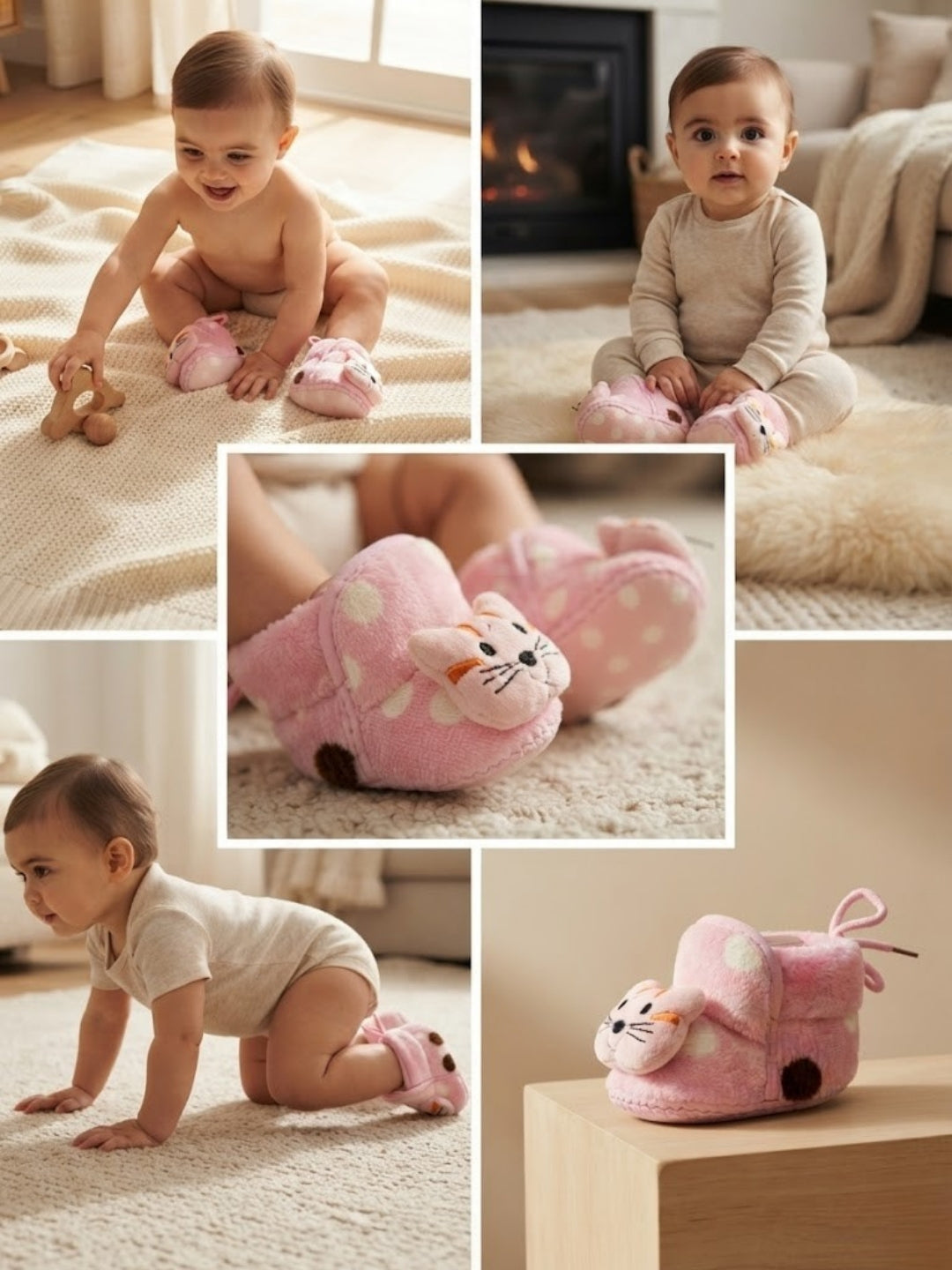 Cdeck Baby Pink Cat Plush Booties for Boys & Girls, Soft Fleece Warm Booties with Cute Animal Design, 3-9 Months