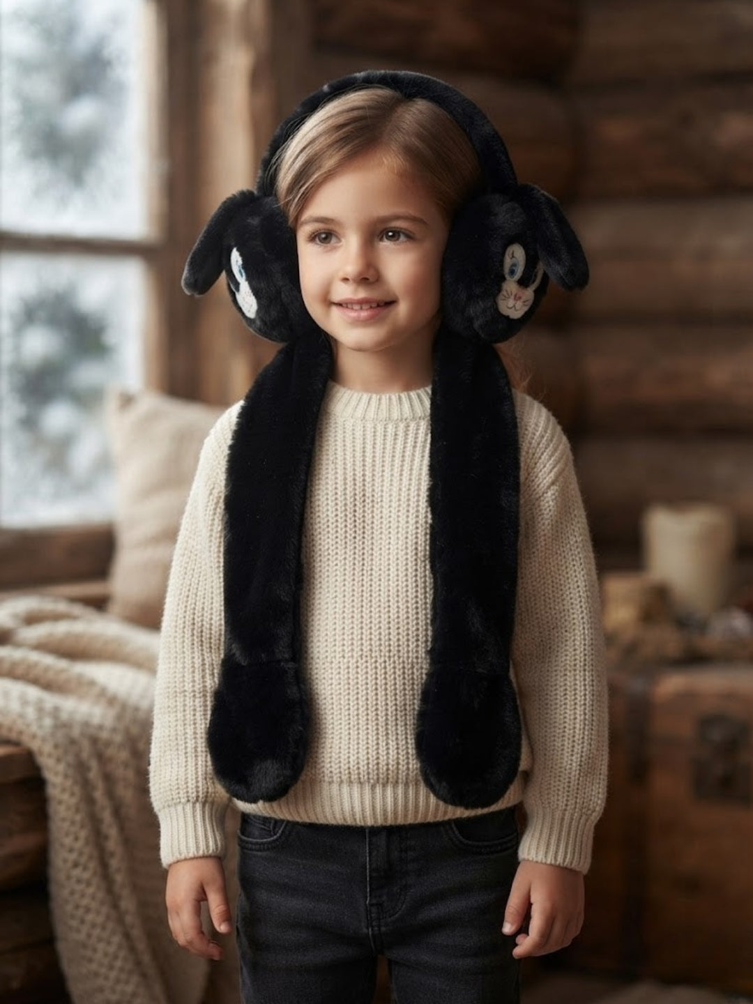 Cdeck Velvet Black Puppy Earmuffs for Girls & Women, Soft Warm Winter Earmuffs with Long Hanging Ear Covers, Free Size