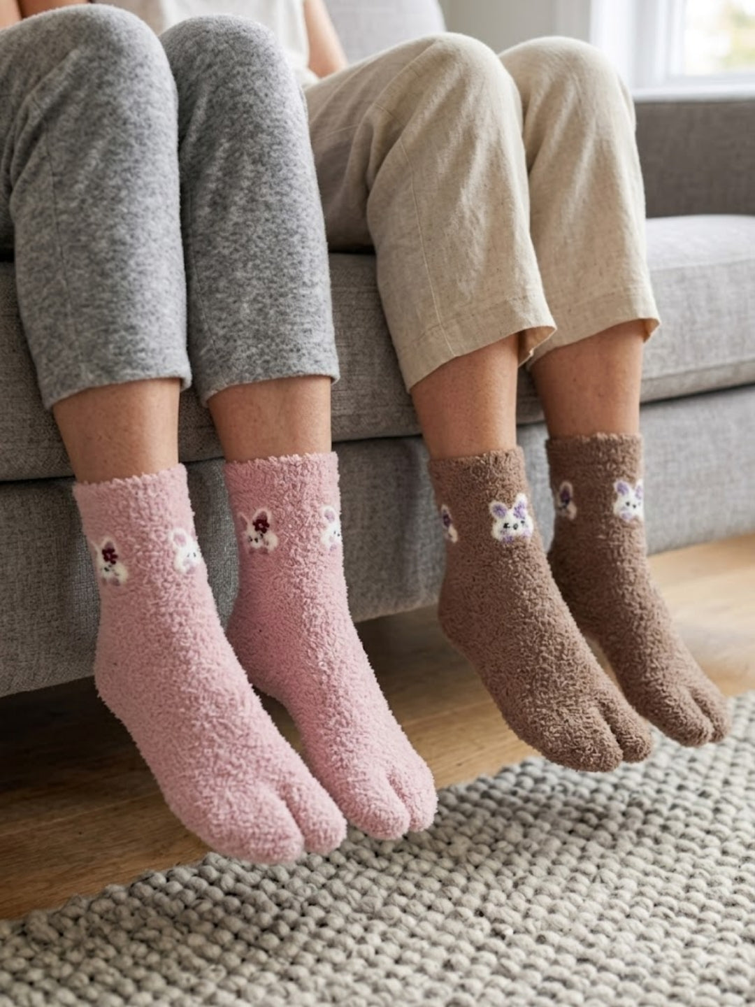 Cdeck Women’s Premium Fuzzy Split-Toe Socks | Cute Bunny Design, Warm Winter Socks | Free Size | Pink & Brown