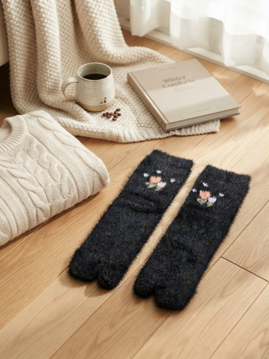 Cdeck Women’s Knee High Wool Socks | Warm, Cozy & Stylish Black Floral Socks