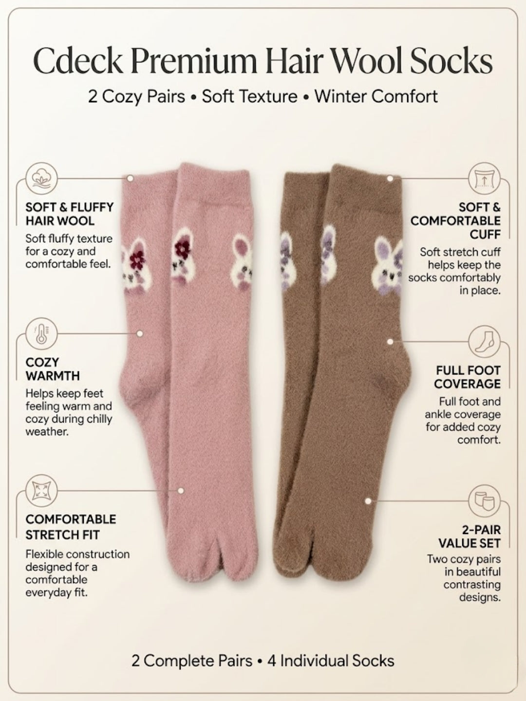 Cdeck Women’s Premium Fuzzy Split-Toe Socks | Cute Bunny Design, Warm Winter Socks | Free Size | Pink & Brown