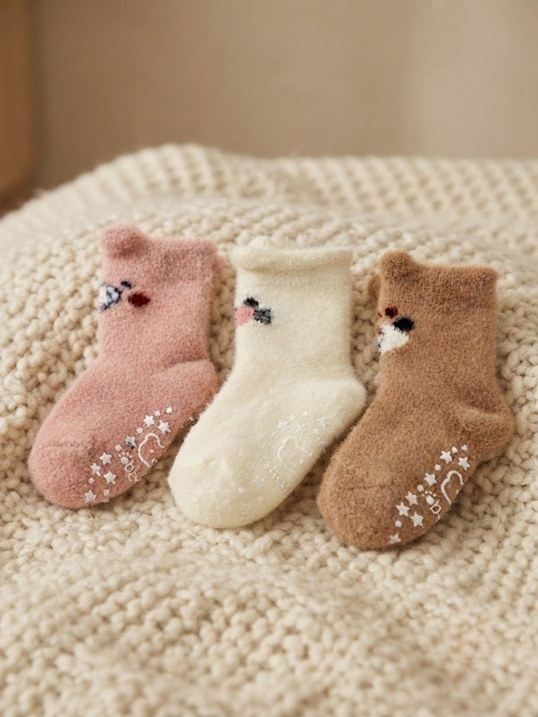 Cdeck Kids Winter Woolen Socks | Soft Fuzzy Rabbit Hair Wool Socks with Anti-Skid Sole | 0–4 Years | Pack of 3 | Multicolor