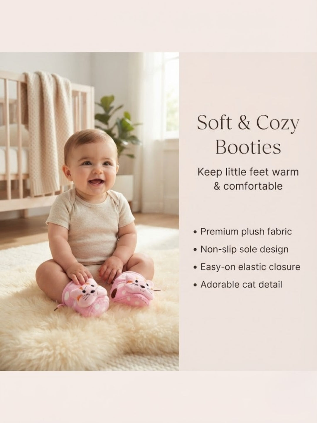 Cdeck Baby Pink Cat Plush Booties for Boys & Girls, Soft Fleece Warm Booties with Cute Animal Design, 3-9 Months