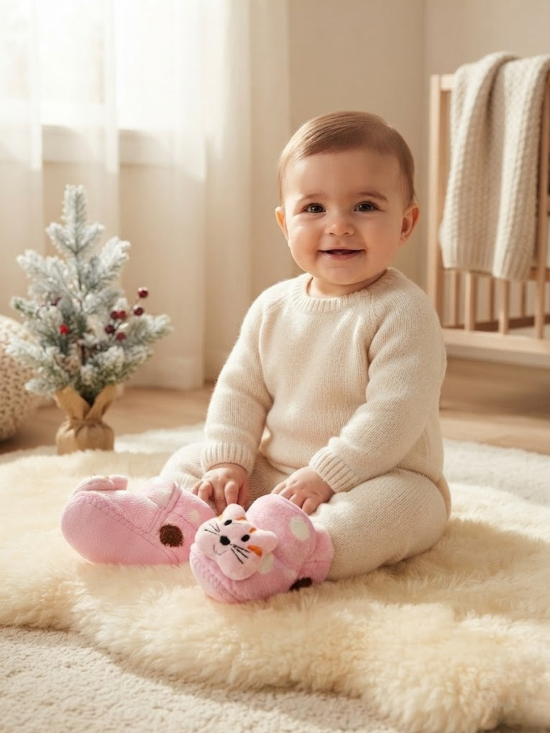 Cdeck Baby Pink Cat Plush Booties for Boys & Girls, Soft Fleece Warm Booties with Cute Animal Design, 3-9 Months