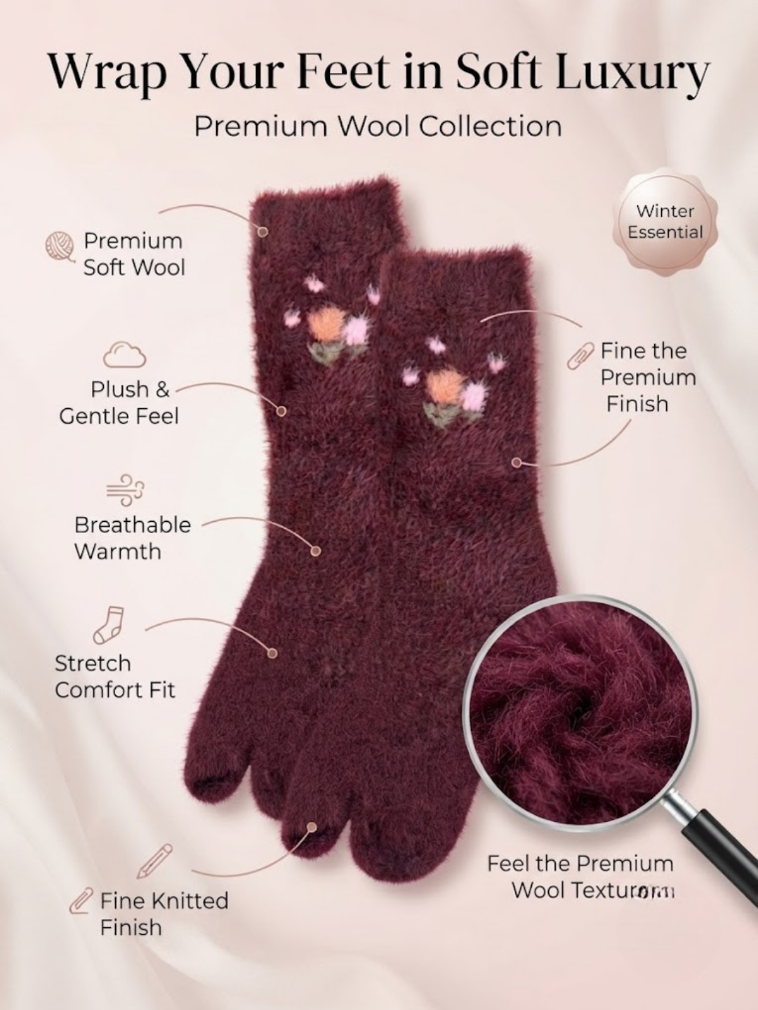 Cdeck Women’s Premium Wool Socks | Soft, Warm & Cozy Burgundy Floral Socks