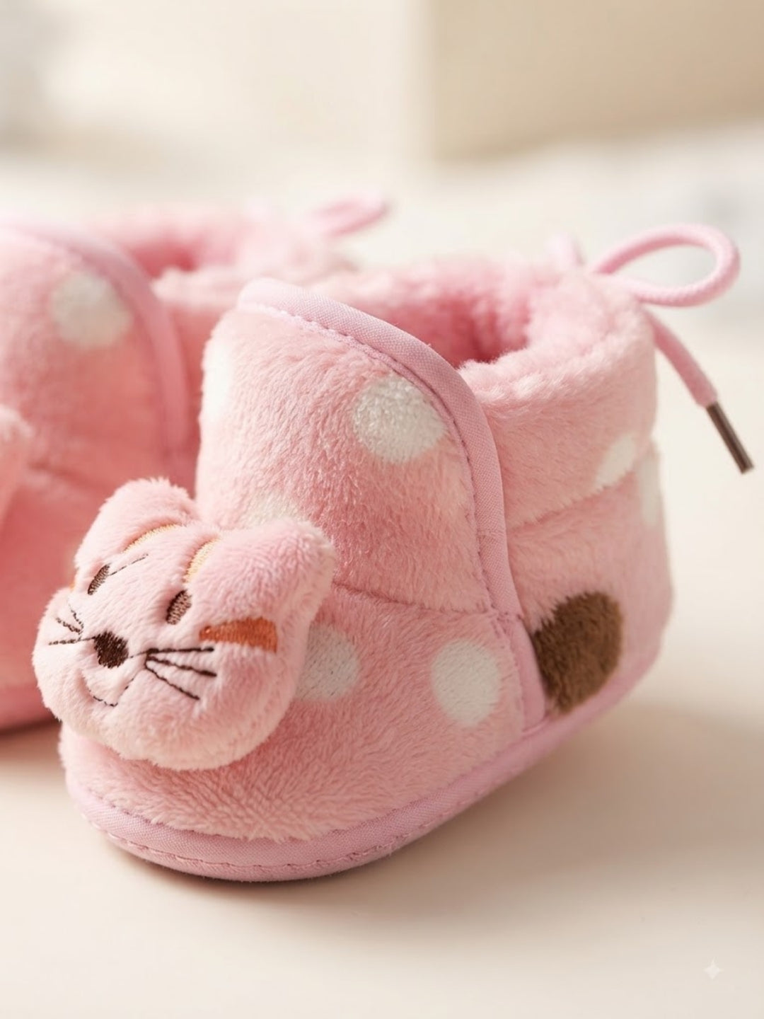 Cdeck Baby Pink Cat Plush Booties for Boys & Girls, Soft Fleece Warm Booties with Cute Animal Design, 3-9 Months