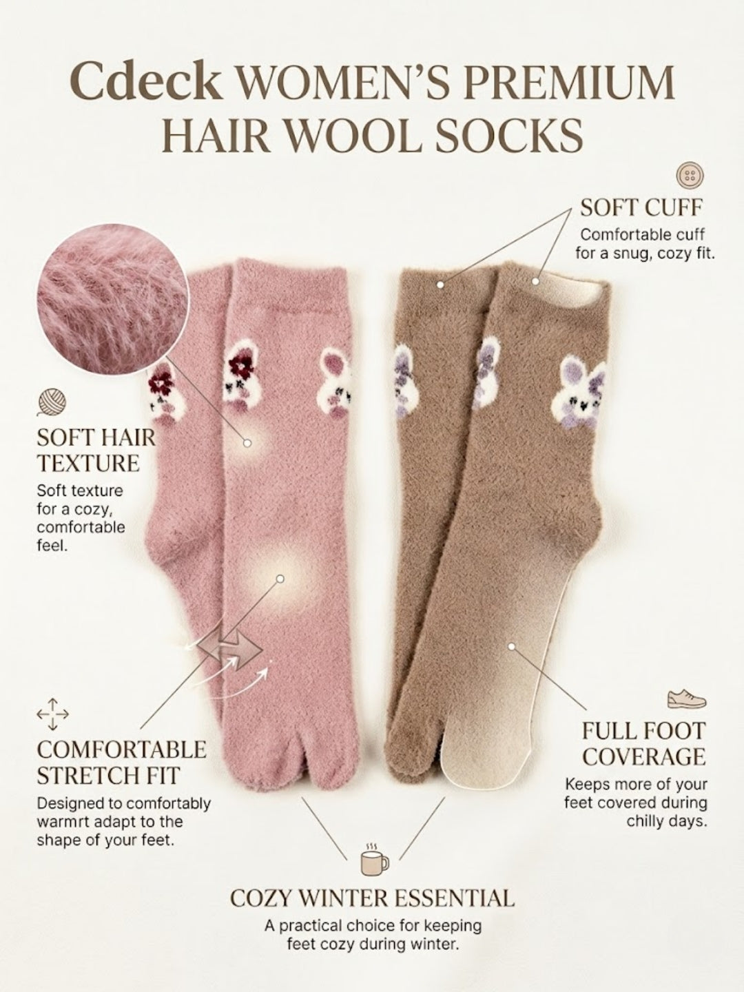 Cdeck Women’s Premium Fuzzy Split-Toe Socks | Cute Bunny Design, Warm Winter Socks | Free Size | Pink & Brown