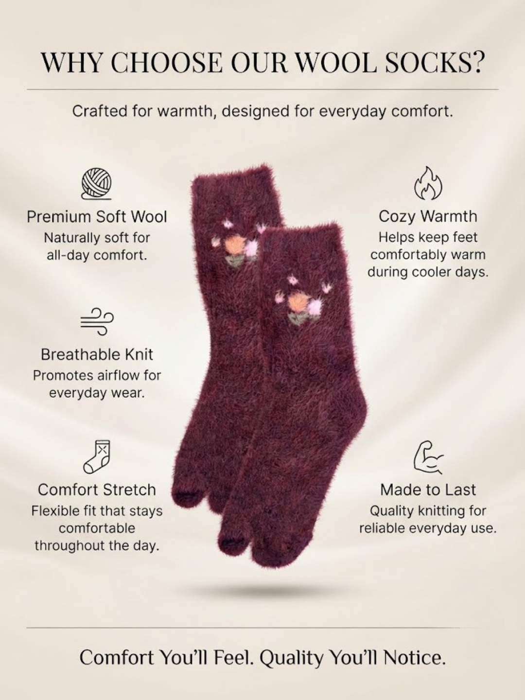Cdeck Women’s Premium Wool Socks | Soft, Warm & Cozy Burgundy Floral Socks