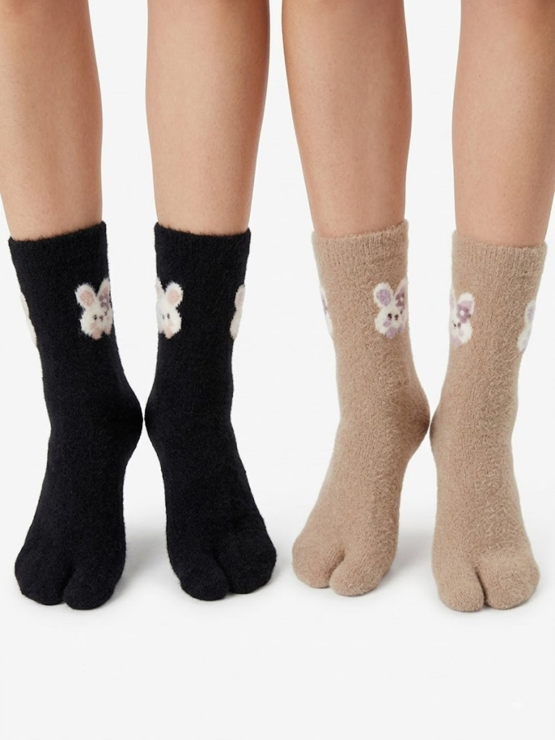 Cdeck Women’s Premium Fuzzy Split-Toe Socks – Cute Bunny Design | Warm Winter Socks | Free Size | Black & Beige