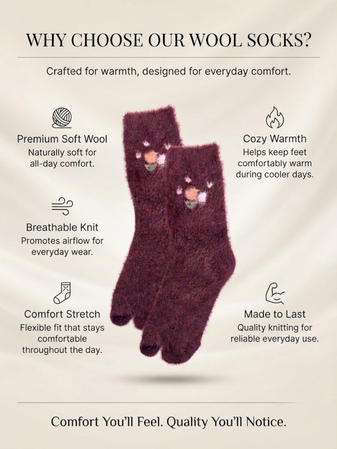 Cdeck Women’s Soft Wool Socks Combo | Pink & Wine Floral Winter Socks | Fluffy Warm Cozy Socks | Everyday Wear