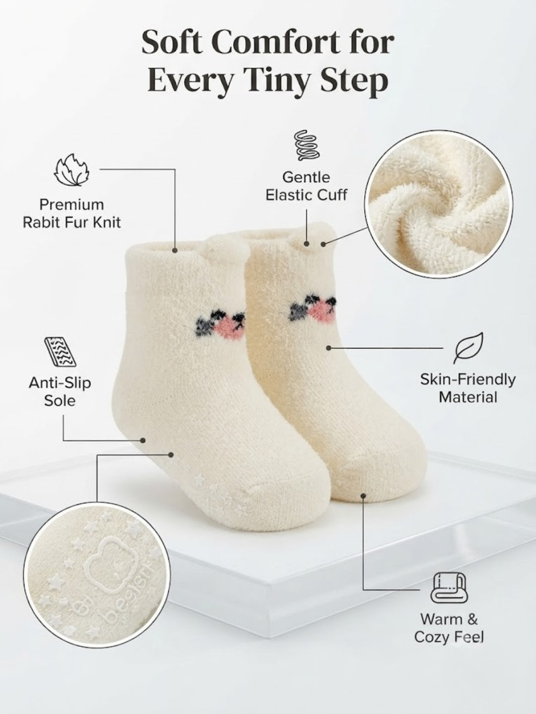 Cdeck Kids Winter Woolen Socks | Soft Fuzzy Rabbit Hair Wool Socks with Anti-Skid Sole | 0–4 Years | Pack of 3 | Multicolor