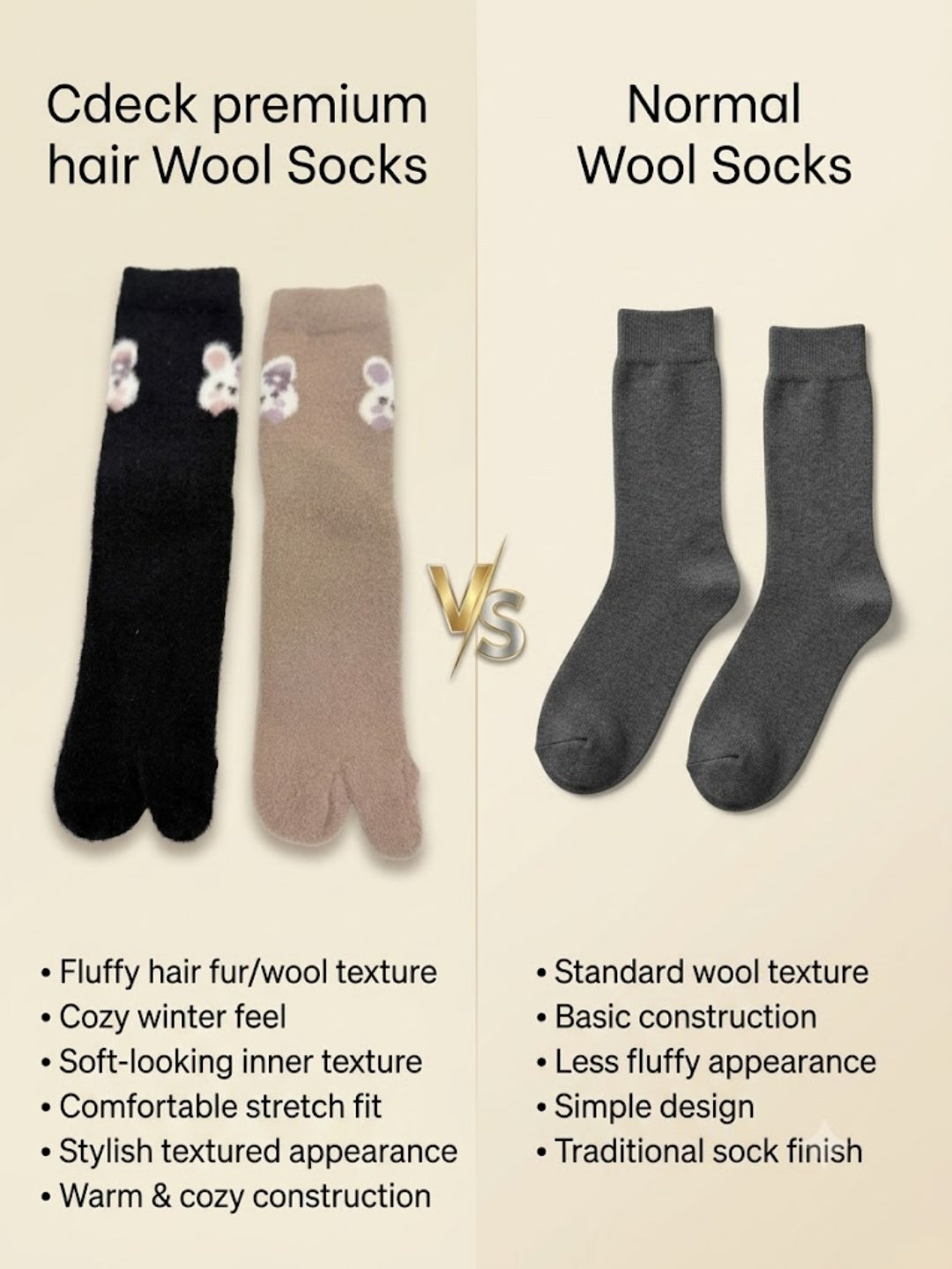 Cdeck Women’s Premium Fuzzy Split-Toe Socks – Cute Bunny Design | Warm Winter Socks | Free Size | Black & Beige