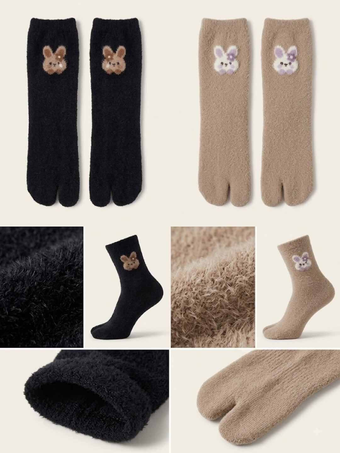 Cdeck Women’s Premium Fuzzy Split-Toe Socks – Cute Bunny Design | Warm Winter Socks | Free Size | Black & Beige