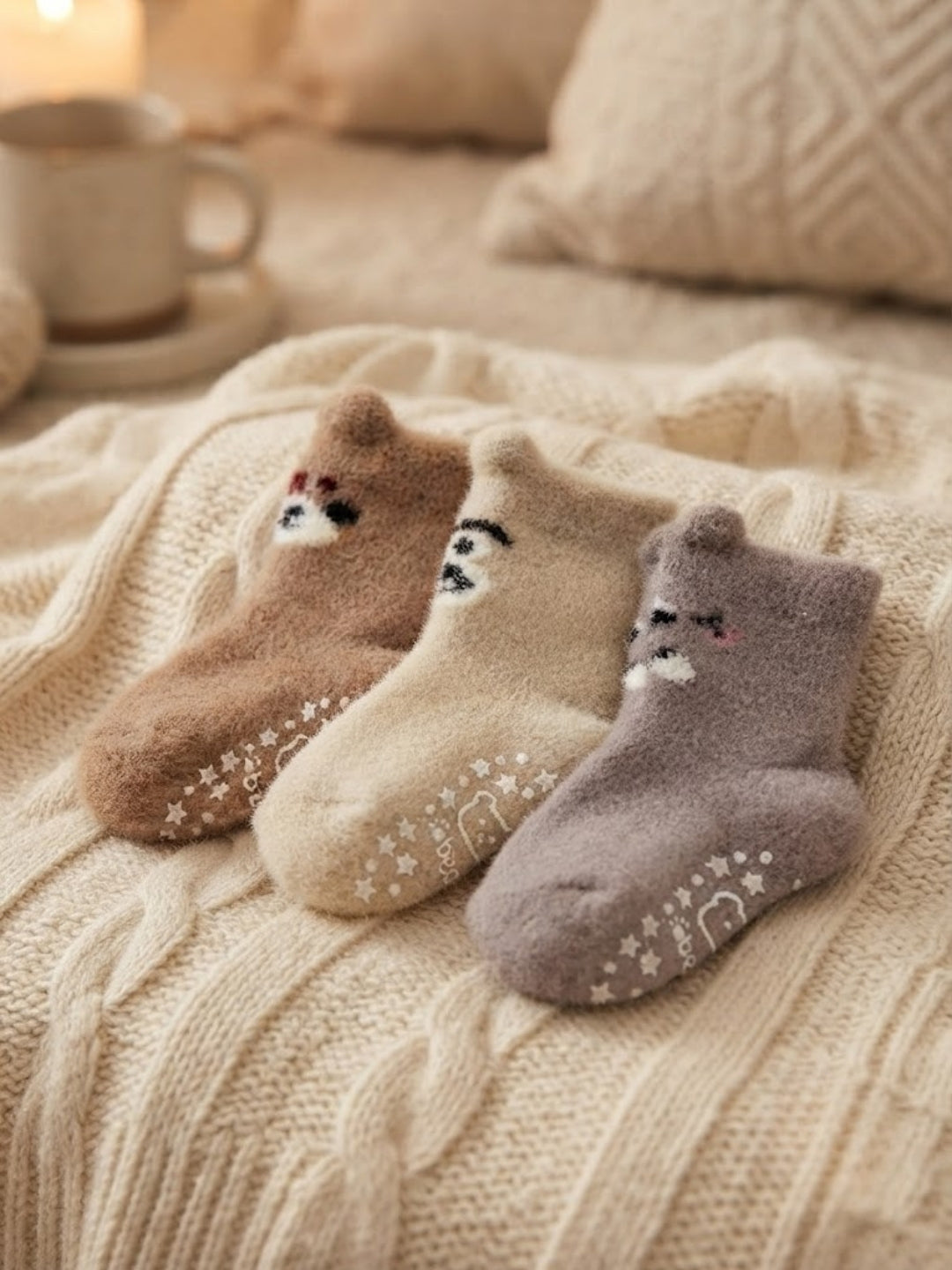 Cdeck Kids Winter Woolen Socks | Soft Fuzzy Rabbit Hair Wool Socks with Anti-Skid Sole | 0–4 Years | Pack of 3 | Multicolor