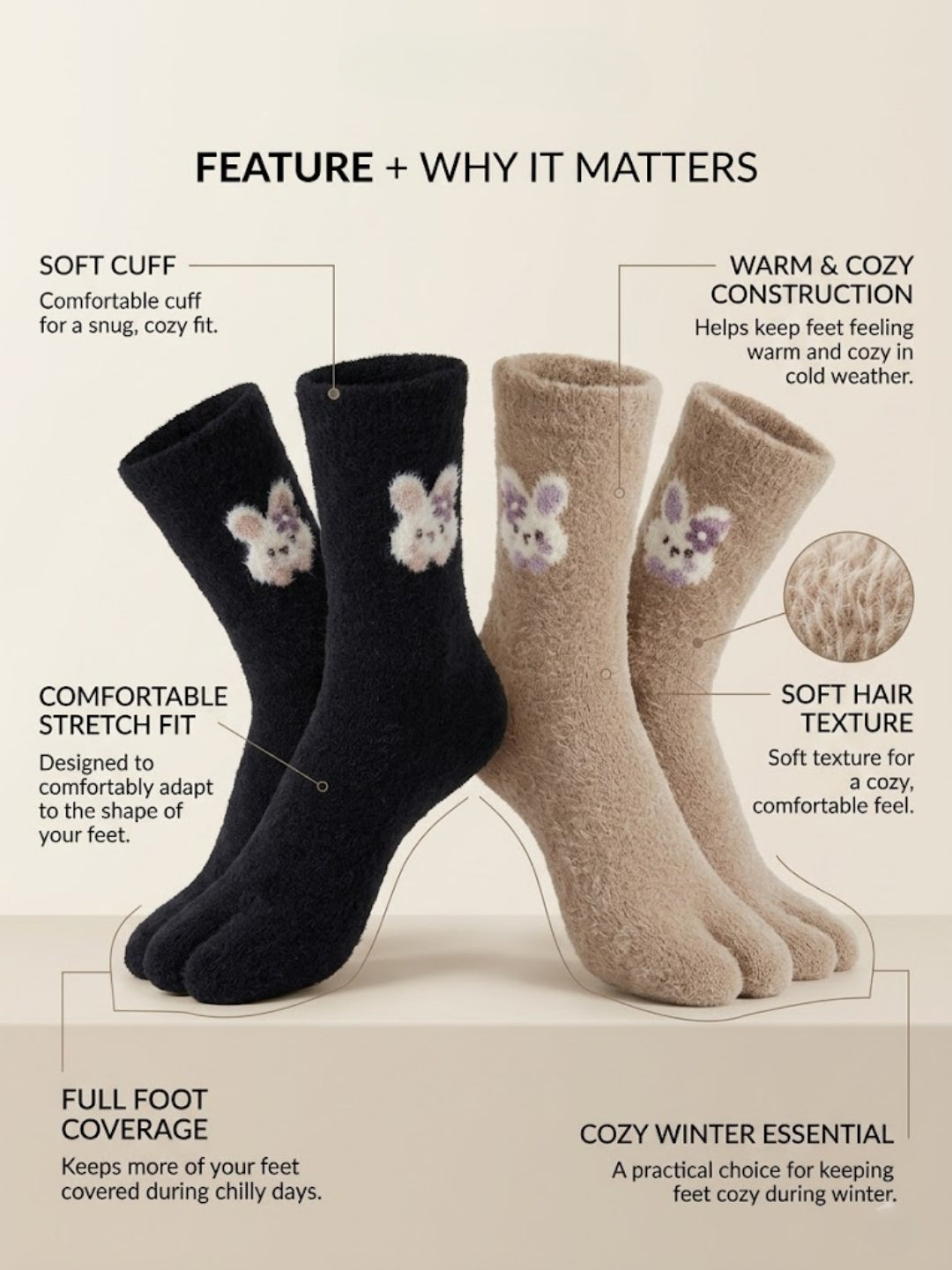 Cdeck Women’s Premium Fuzzy Split-Toe Socks – Cute Bunny Design | Warm Winter Socks | Free Size | Black & Beige