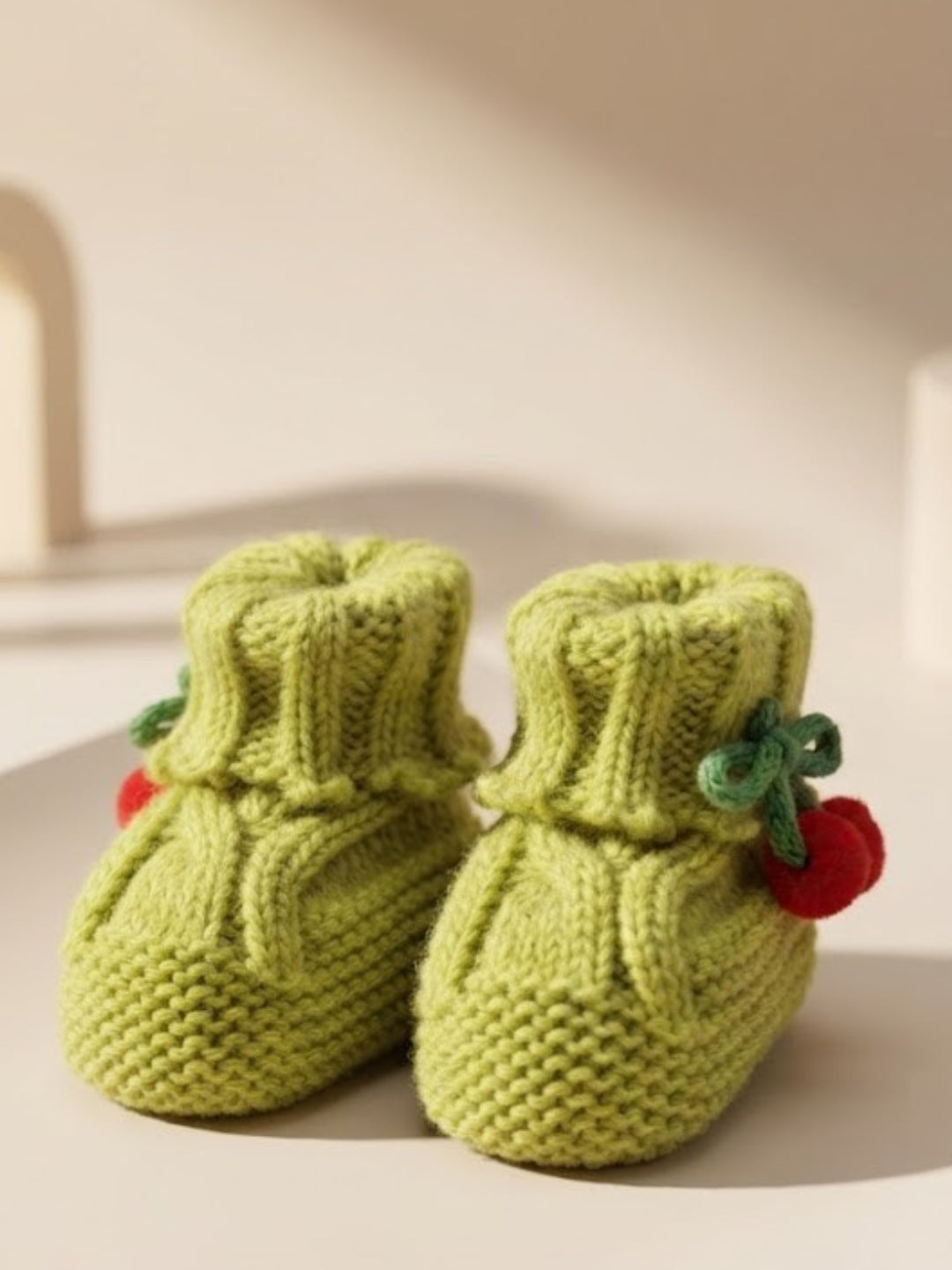 Cdeck Baby Wool Booties with Cherry Pom-Pom Design | Soft Knitted Baby Shoes | Cute Green Booties for Babies 0–9 Months