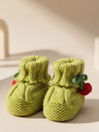 Cdeck Baby Wool Booties with Cherry Pom-Pom Design | Soft Knitted Baby Shoes | Cute Green Booties for Babies 0–9 Months