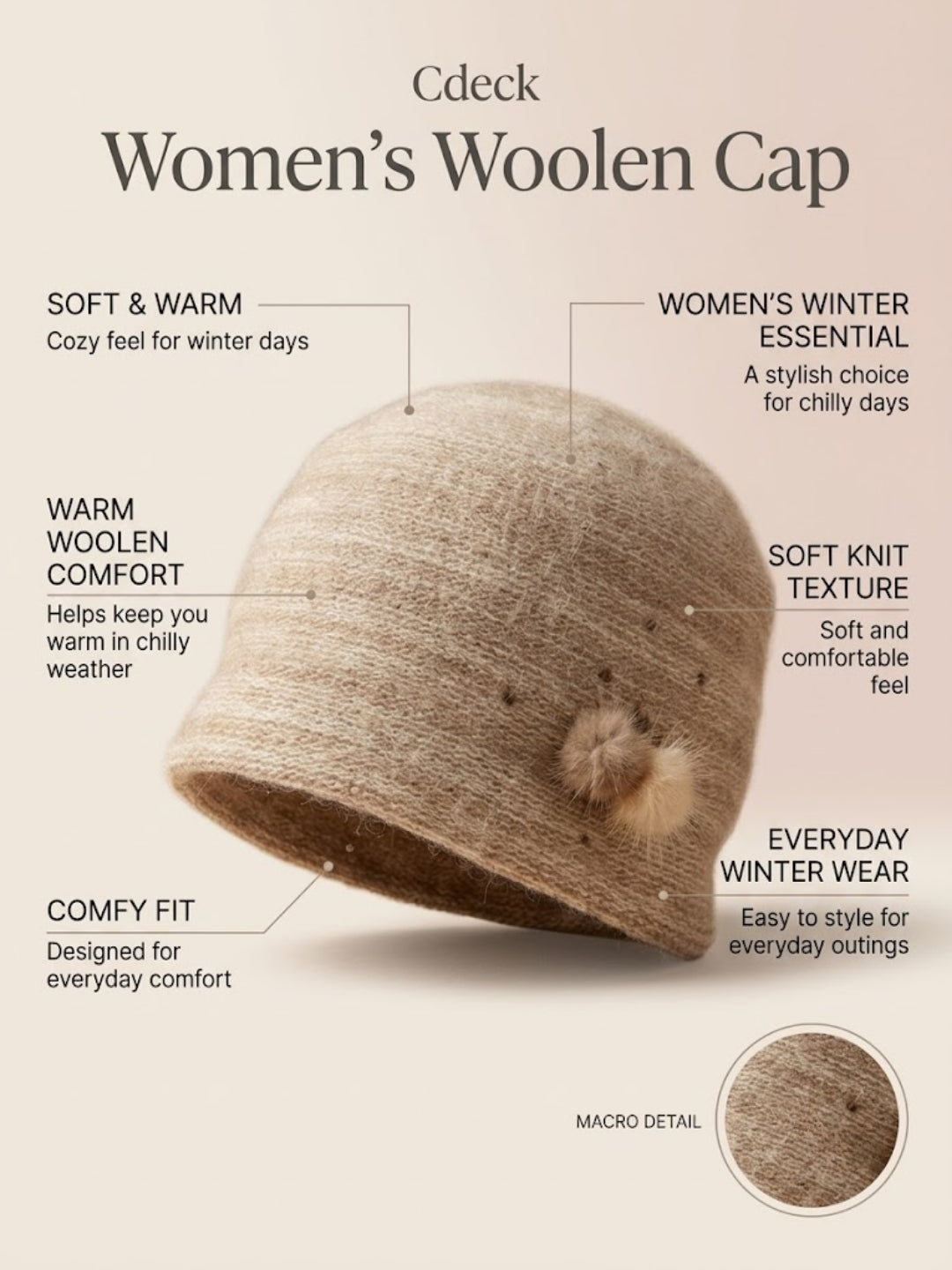 Cdeck Women Woolen Cap | Soft Knitted Winter Beanie for Women | Warm & Stylish Winter Wear | Free Size| Brown