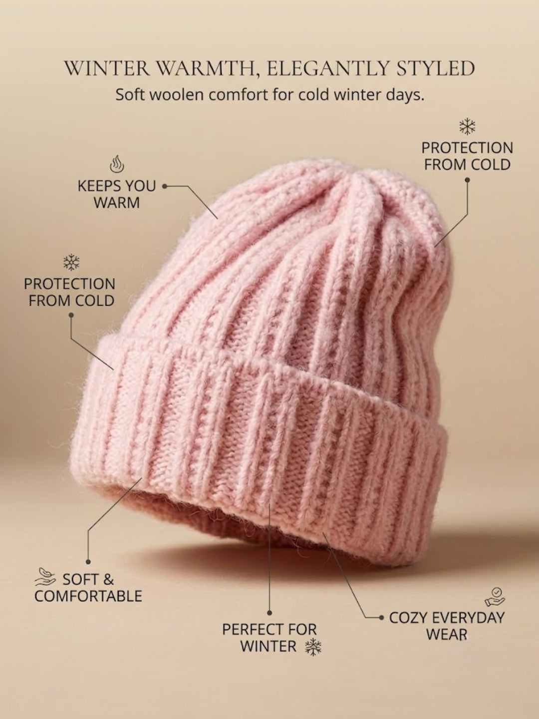 Cdeck Women Woolen Cap | Soft Knitted Winter Beanie for Women | Warm & Stylish Winter Wear | Free Size| Pink