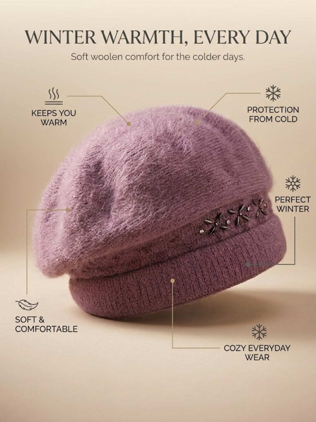 Cdeck Women Woolen Cap | Soft Knitted Winter Beanie for Women | Warm & Stylish Winter Wear | Free Size| Dusty Rose