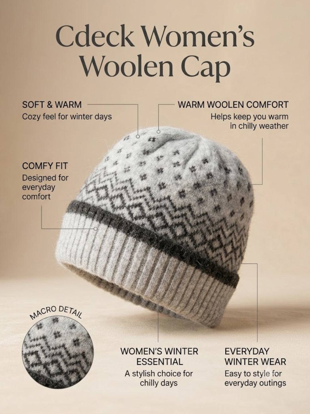 Cdeck Women Woolen Cap | Soft Knitted Winter Beanie for Women | Warm & Stylish Winter Wear | Free Size