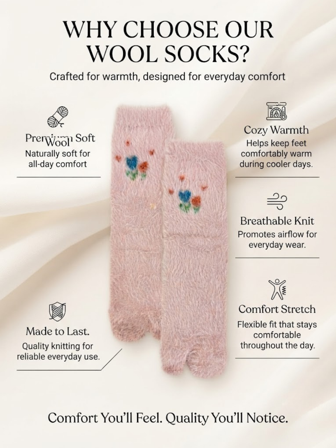 Cdeck Women’s Soft Wool Socks | Warm, Cozy & Stylish Pink Floral Socks