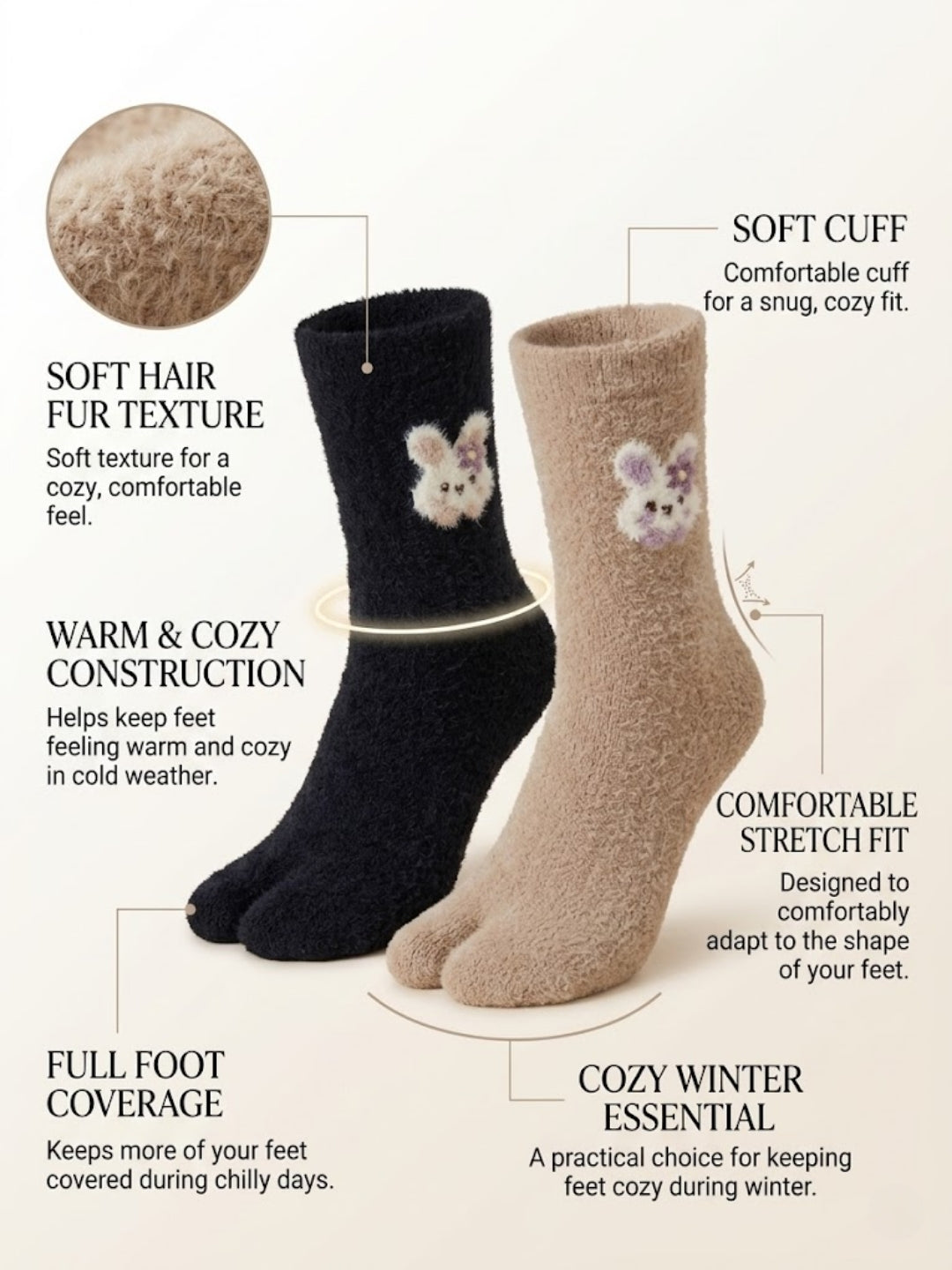 Cdeck Women’s Premium Fuzzy Split-Toe Socks – Cute Bunny Design | Warm Winter Socks | Free Size | Black & Beige