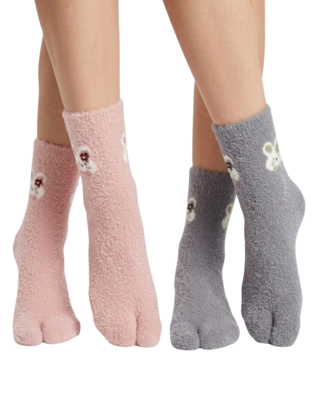 Cdeck Women’s Premium Fuzzy Split-Toe Socks – Cute Bunny Design | Warm Winter Socks | Free Size | Pink & Grey
