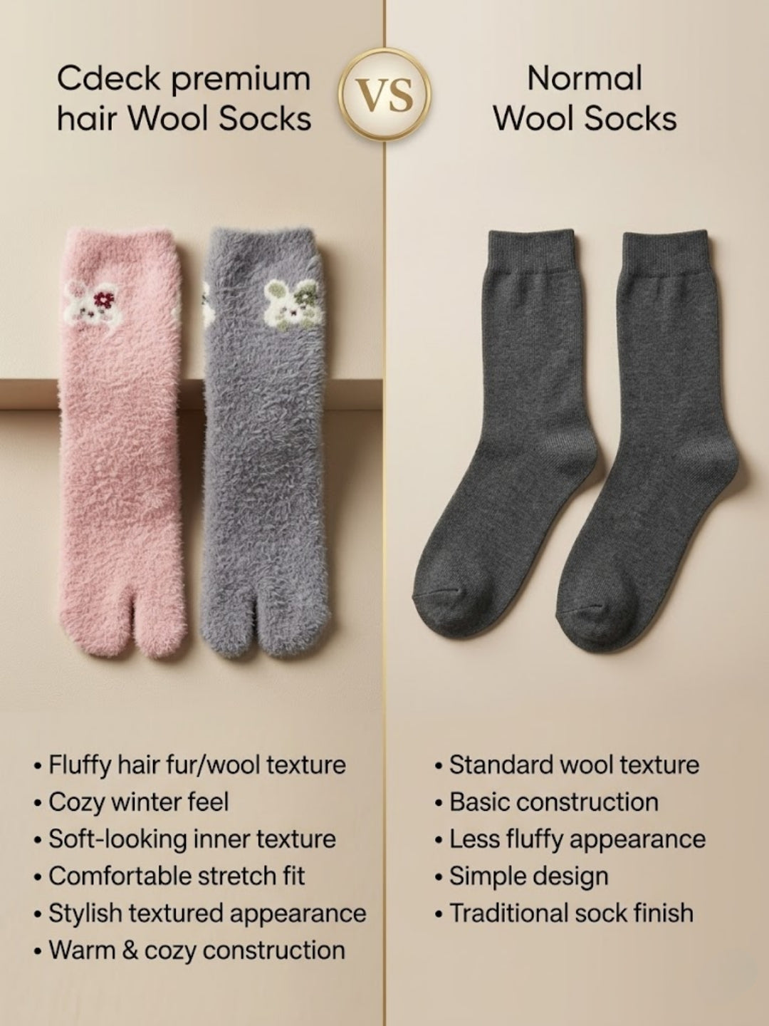 Cdeck Women’s Premium Fuzzy Split-Toe Socks – Cute Bunny Design | Warm Winter Socks | Free Size | Pink & Grey