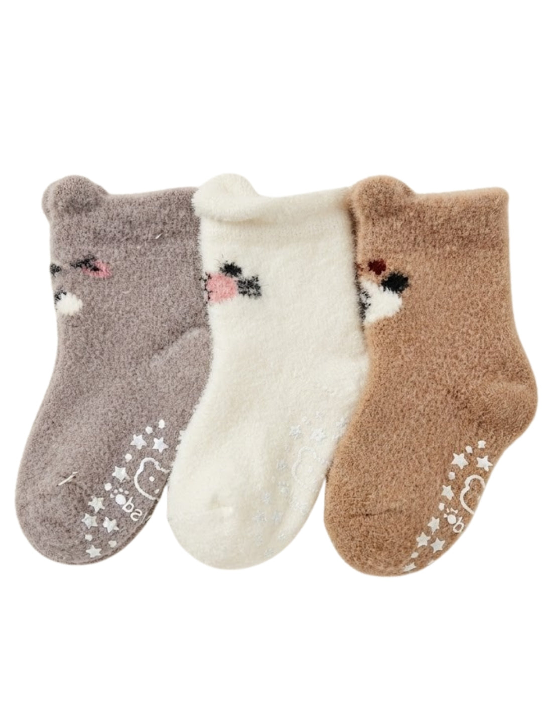 Cdeck Kids Winter Woolen Socks | Soft Fuzzy Rabbit Hair Wool Socks with Anti-Skid Sole | 0–4 Years | Pack of 3 | Grey, Cream & Brown