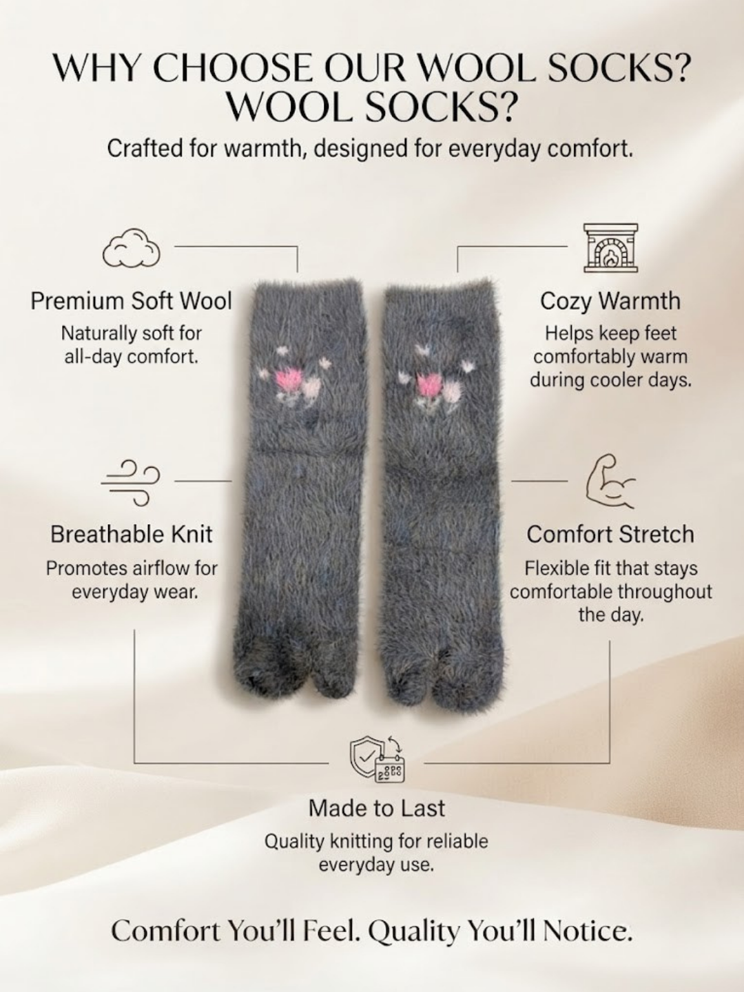 Cdeck Women’s Soft Wool Socks | Warm, Cozy & Stylish Grey Floral Socks