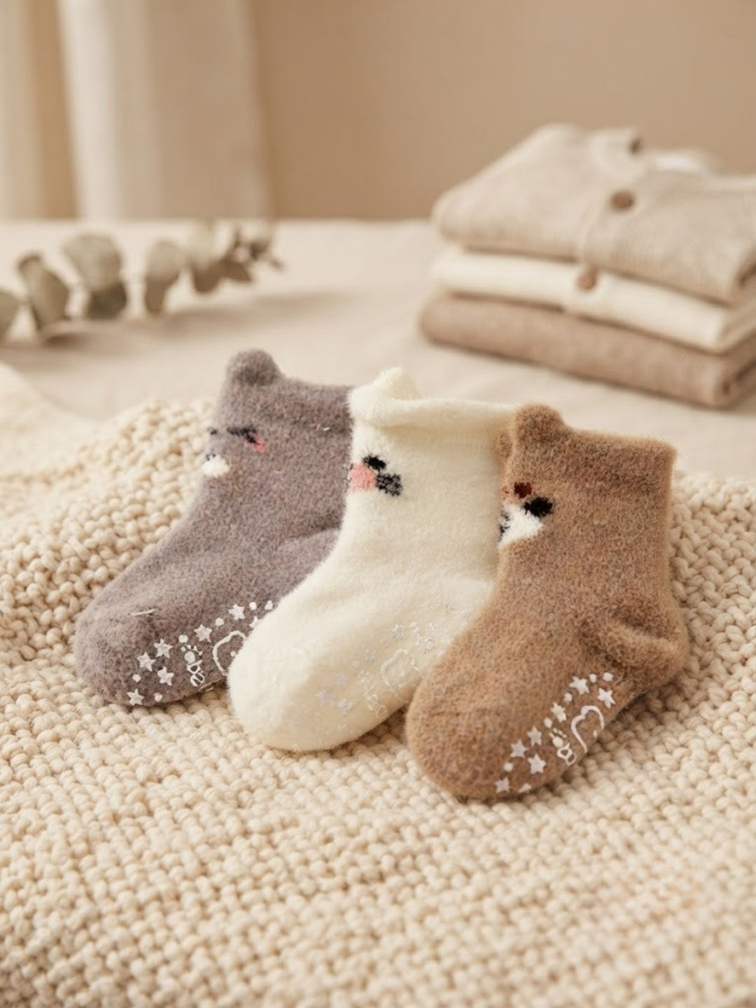Cdeck Kids Winter Woolen Socks | Soft Fuzzy Rabbit Hair Wool Socks with Anti-Skid Sole | 0–4 Years | Pack of 3 | Grey, Cream & Brown