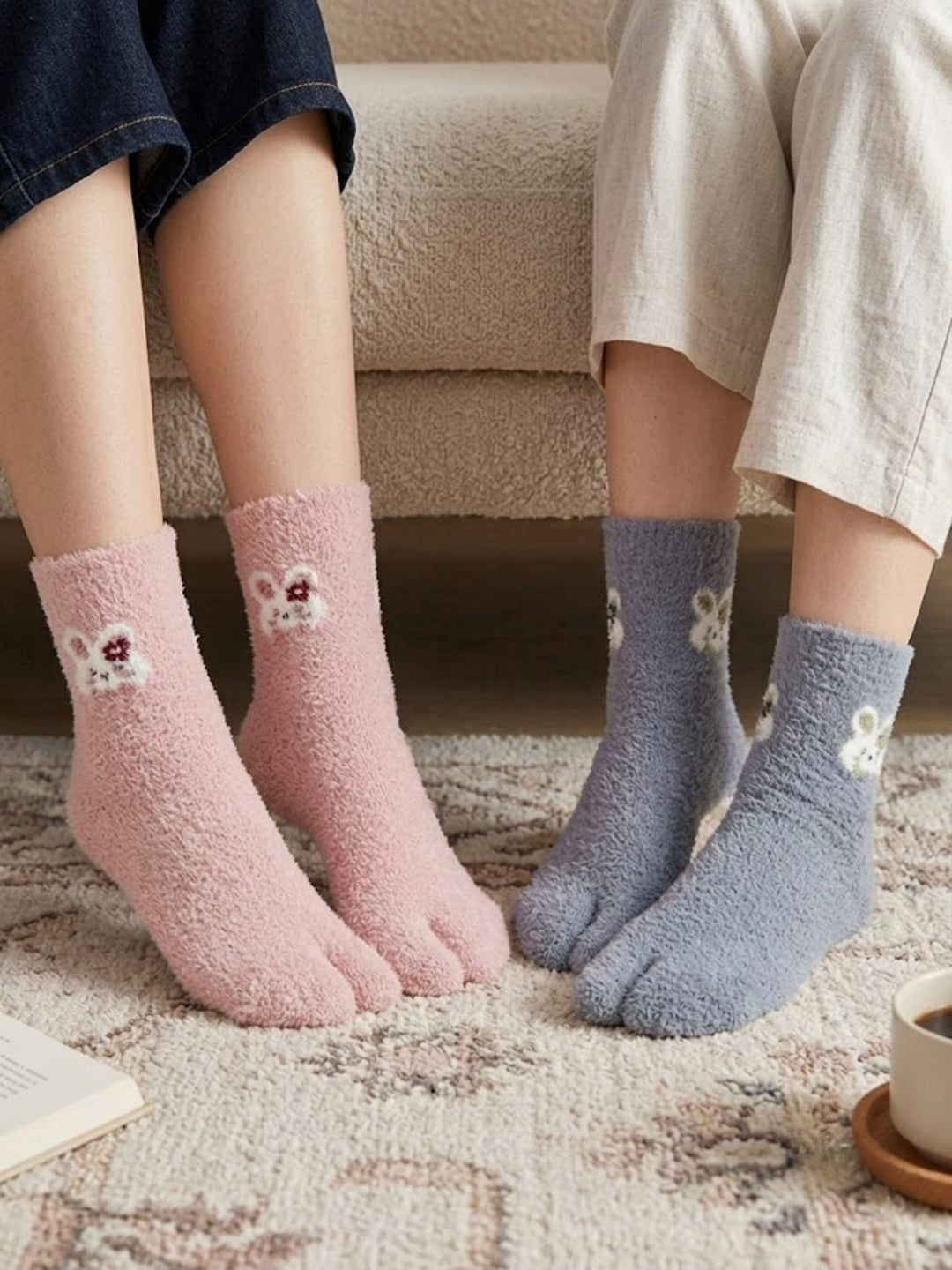 Cdeck Women’s Premium Fuzzy Split-Toe Socks – Cute Bunny Design | Warm Winter Socks | Free Size | Pink & Grey