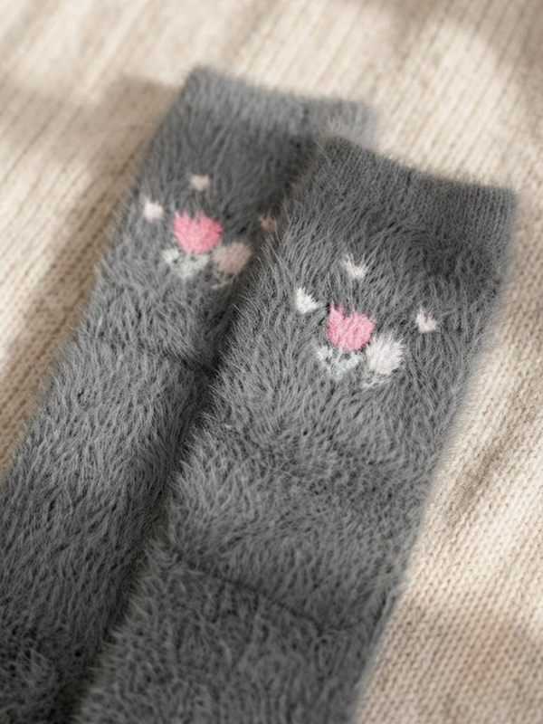 Cdeck Women’s Soft Wool Socks | Grey Floral Winter Socks  | Fluffy Warm Cozy Socks | Everyday Wear
