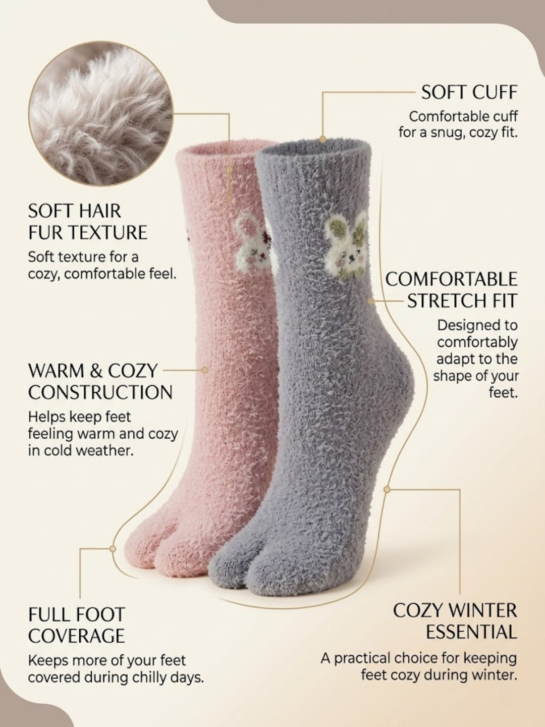 Cdeck Women’s Premium Fuzzy Split-Toe Socks – Cute Bunny Design | Warm Winter Socks | Free Size | Pink & Grey
