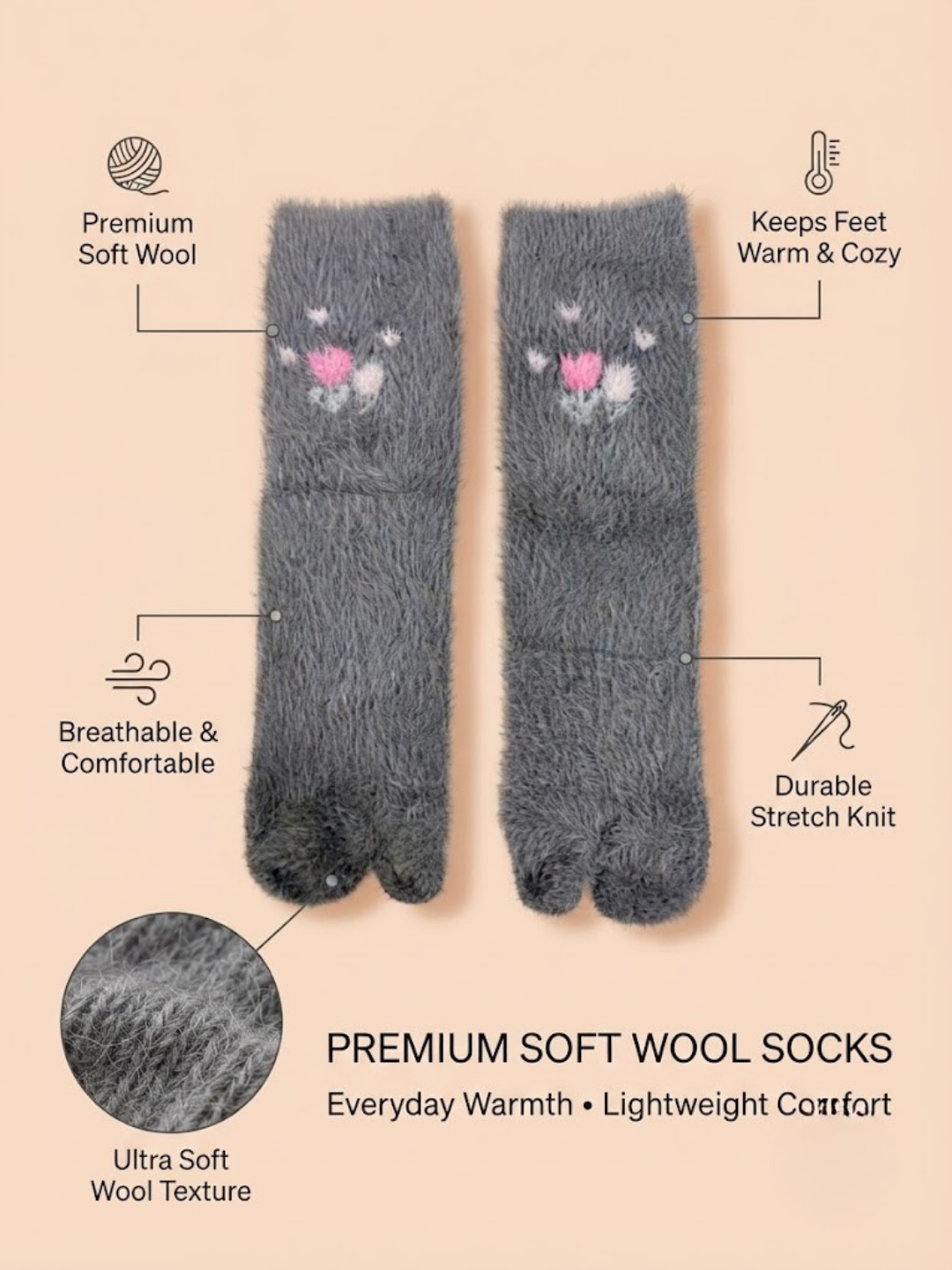 Cdeck Women’s Soft Wool Socks | Warm, Cozy & Stylish Grey Floral Socks