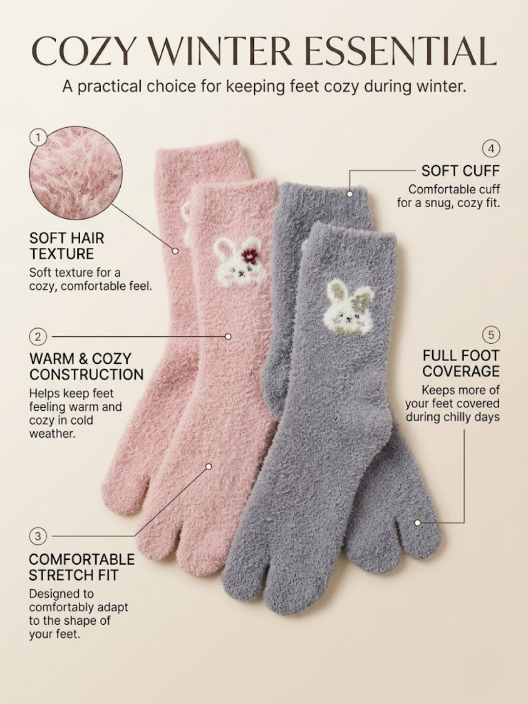 Cdeck Women’s Premium Fuzzy Split-Toe Socks – Cute Bunny Design | Warm Winter Socks | Free Size | Pink & Grey