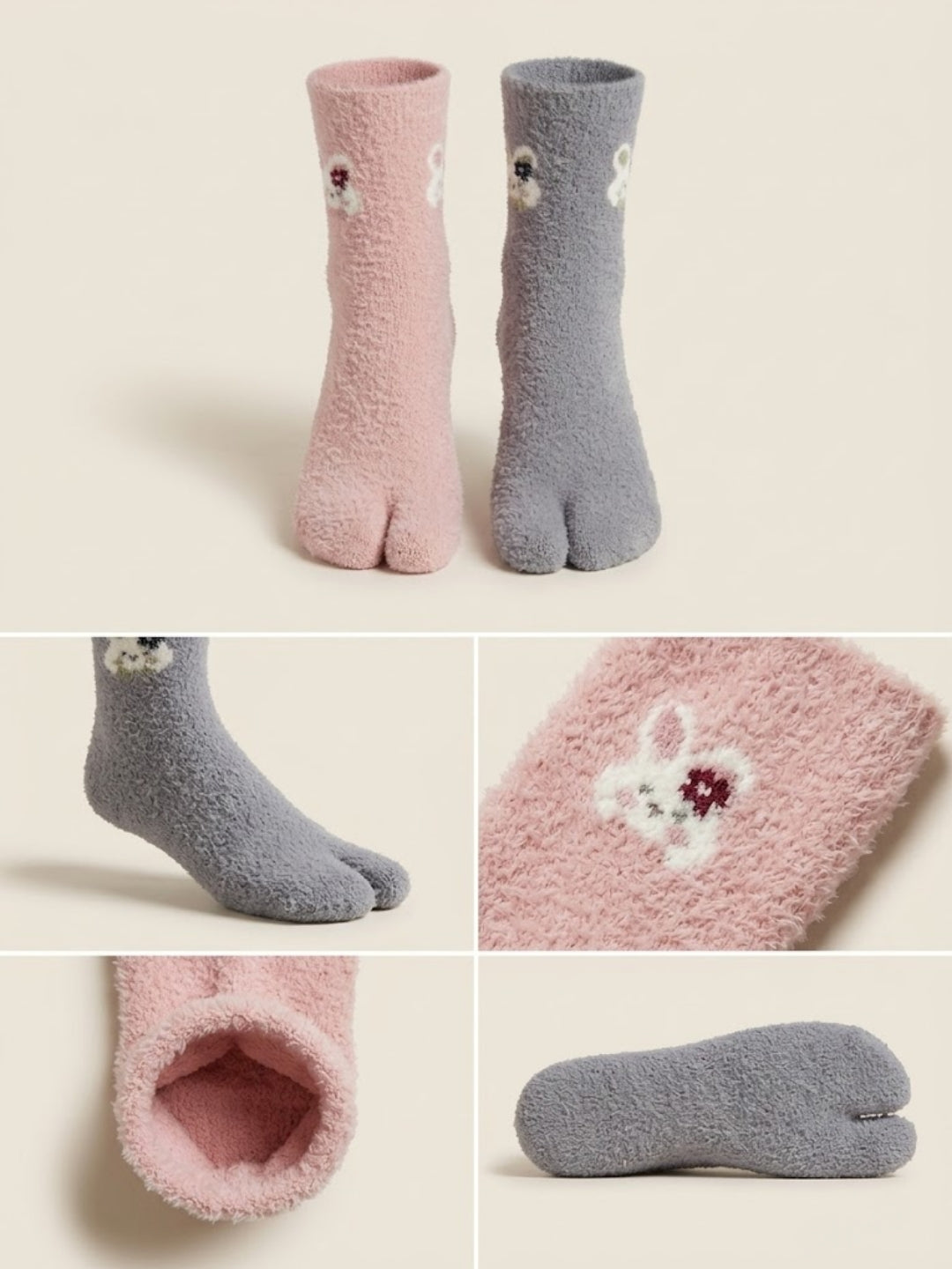 Cdeck Women’s Premium Fuzzy Split-Toe Socks – Cute Bunny Design | Warm Winter Socks | Free Size | Pink & Grey