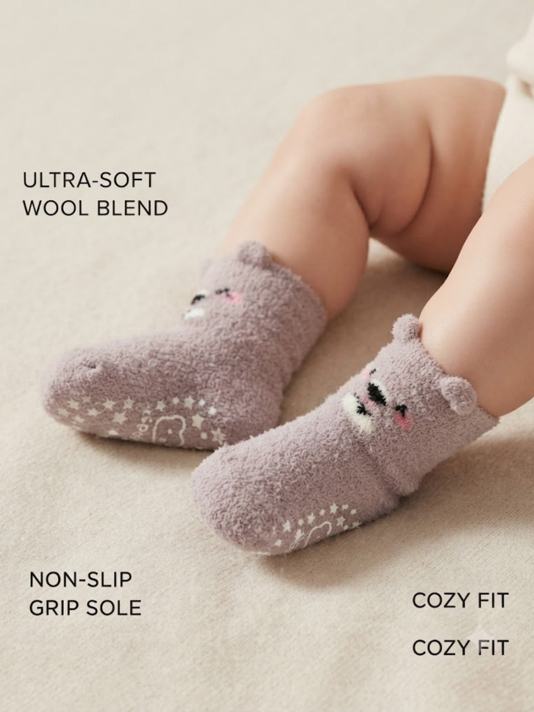 Cdeck Kids Winter Woolen Socks | Soft Fuzzy Rabbit Hair Wool Socks with Anti-Skid Sole | 0–4 Years | Pack of 3 | Grey, Cream & Brown