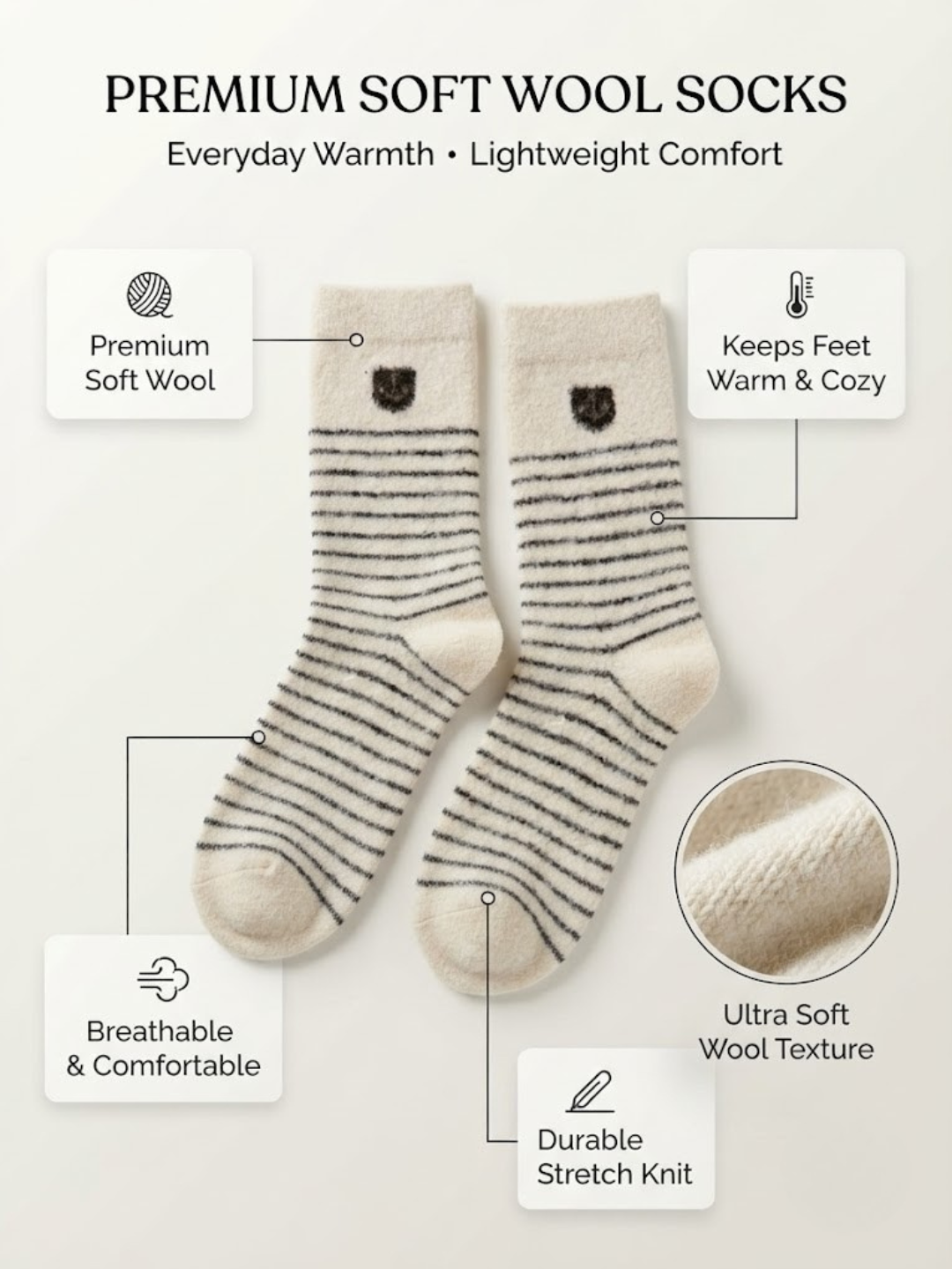 Cdeck Men’s Soft Wool Socks | Warm Cream Striped Cozy Socks