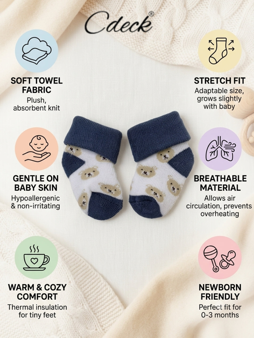 Cdeck Newborn Baby Towel Cotton Soft Stretch Socks | Soft, Comfortable & Absorbent | 0–12 Months