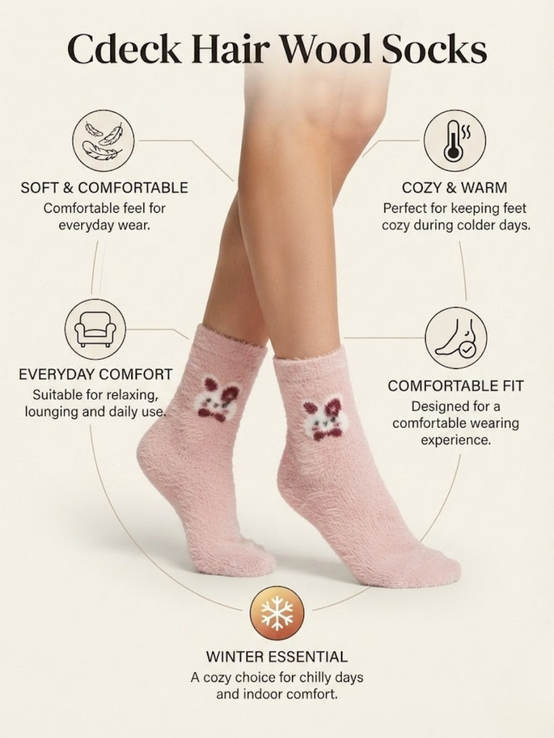 Cdeck Women’s Premium Rabbit Hair Wool Socks – Soft Fuzzy Warm Mid-Calf Winter Socks with Cute Character Design