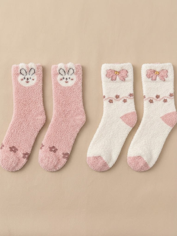 Cdeck Rabbit Hair Wool Socks for Women, 2 Pairs Fuzzy Warm Winter Socks with Cute Rabbit and Floral Pattern