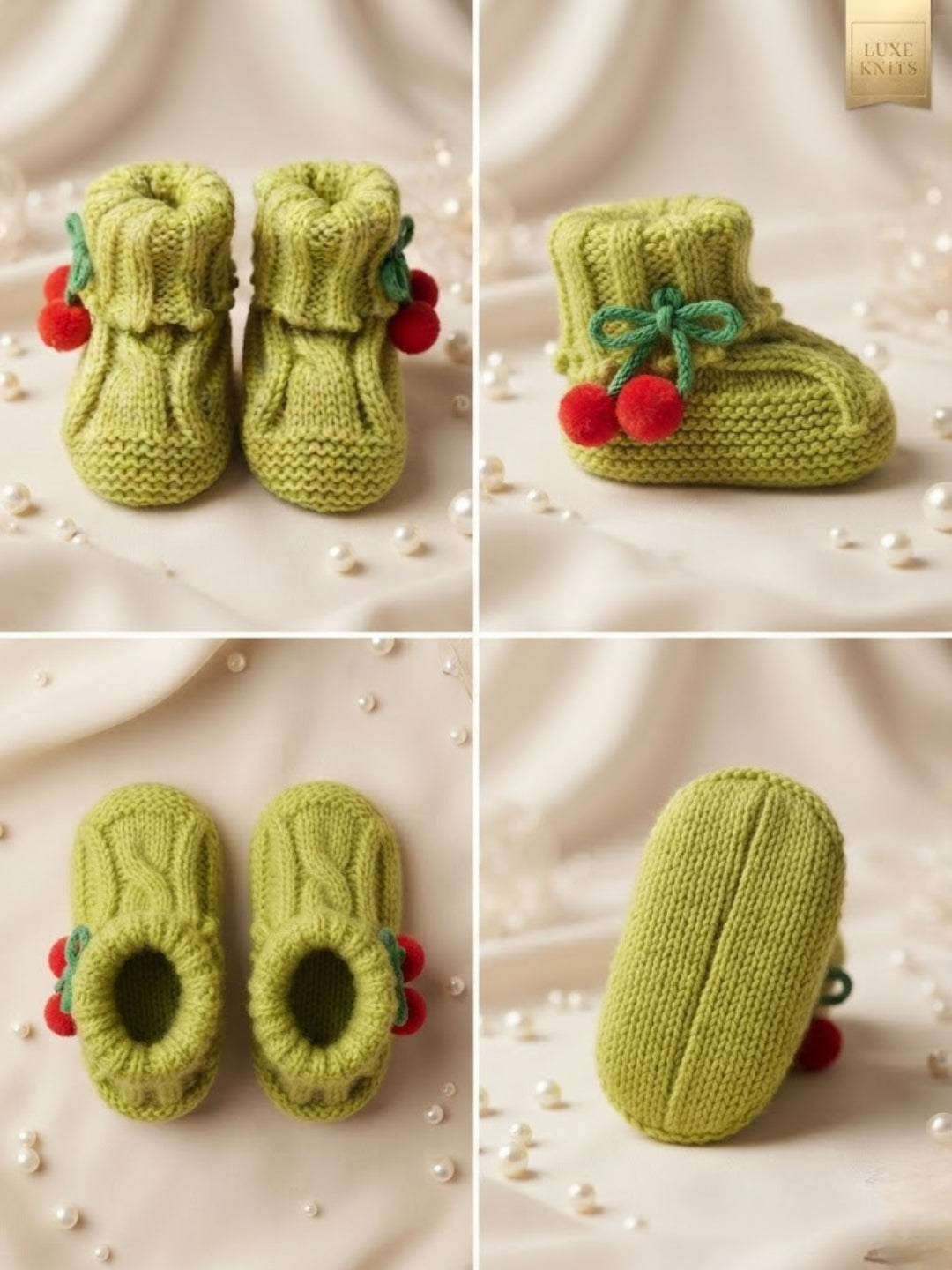 Cdeck Baby Wool Booties with Cherry Pom-Pom Design | Soft Knitted Baby Shoes | Cute Green Booties for Babies 0–9 Months