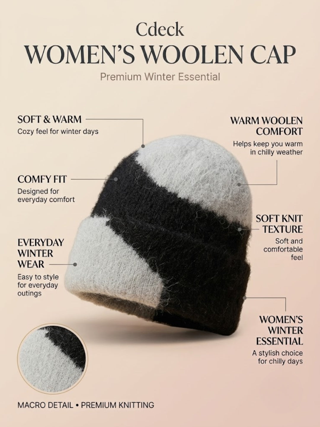 Cdeck Women Woolen Cap | Soft Knitted Winter Beanie for Women | Warm & Stylish Winter Wear | Free Size