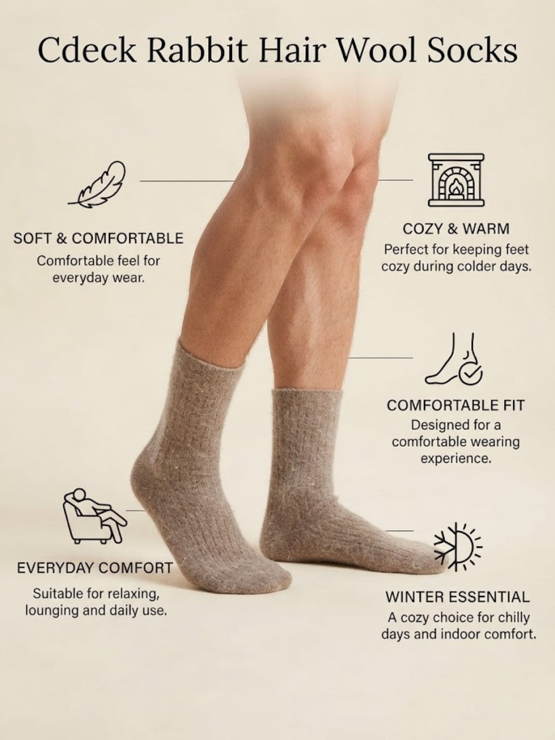 Cdeck Unisex Woolen Winter Socks | Soft Warm Wool Socks for Men & Women | Cozy Comfortable Winter Socks | Full Length | Brown