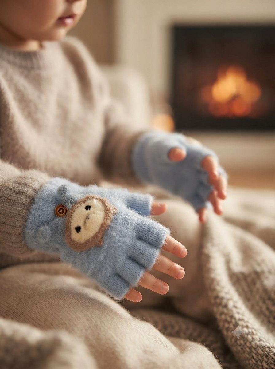 Cdeck Kids Woolen Winter Gloves | Warm Knitted Fingerless Gloves for Boys & Girls | Soft Winter Hand Warmers | Sky Blue | 1–3 Years